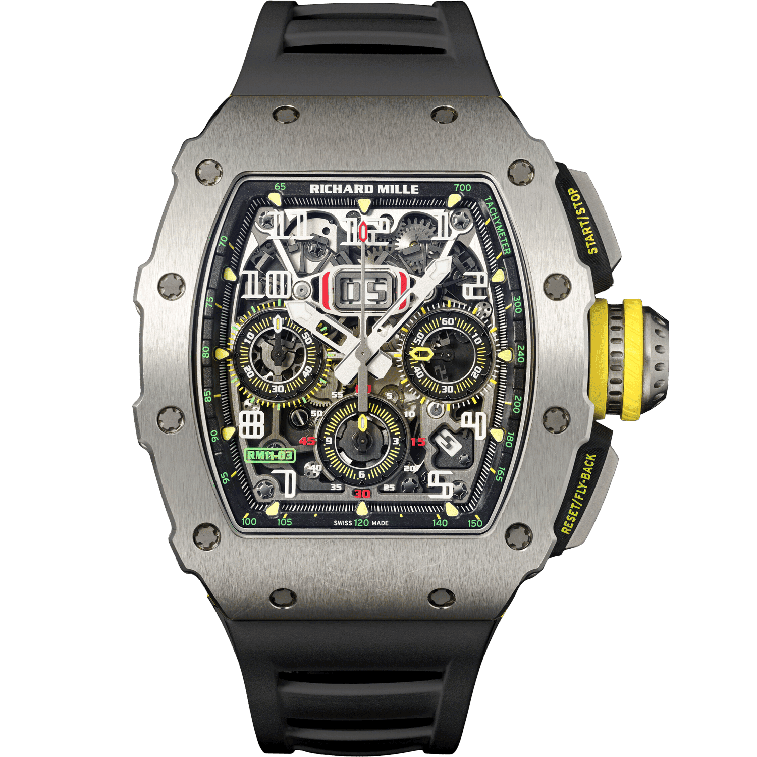 Richard Mille RM 11-03 · Ref. RM 11-03 Ti · Titan · Gelb/Grün skelettiert · Schwarzes Kautschukband