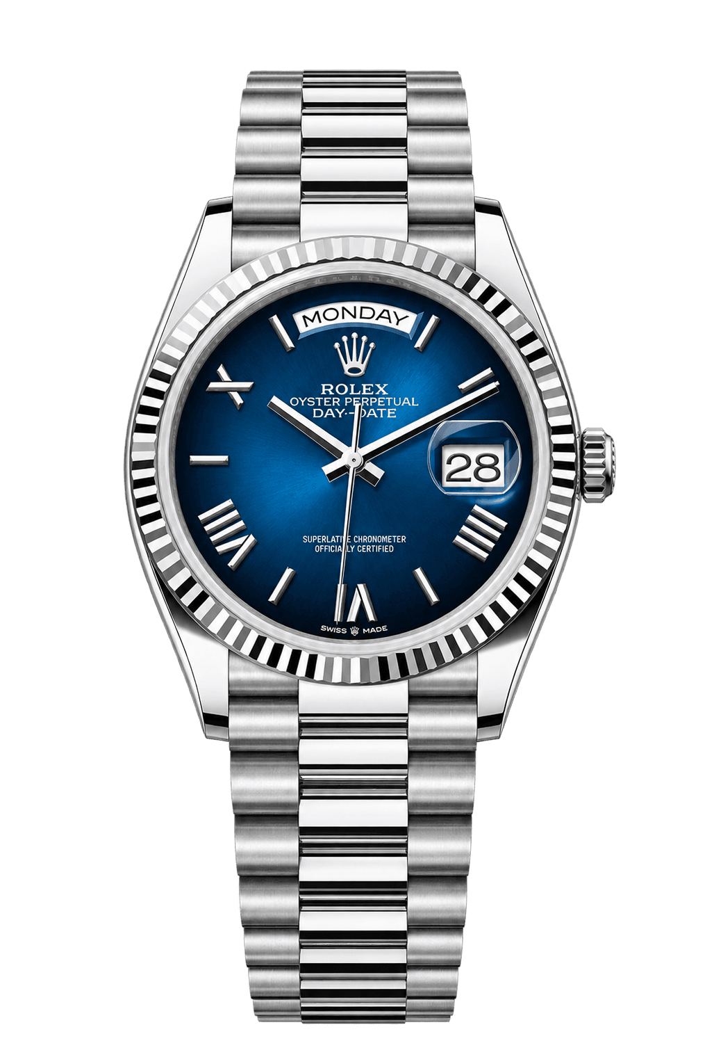 Rolex Day-Date 40, Ref. 228239-0076, Blau ombré, Weißgold und President-Band